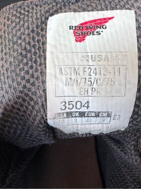 Red Wing Shoes label with red logo on gray lining